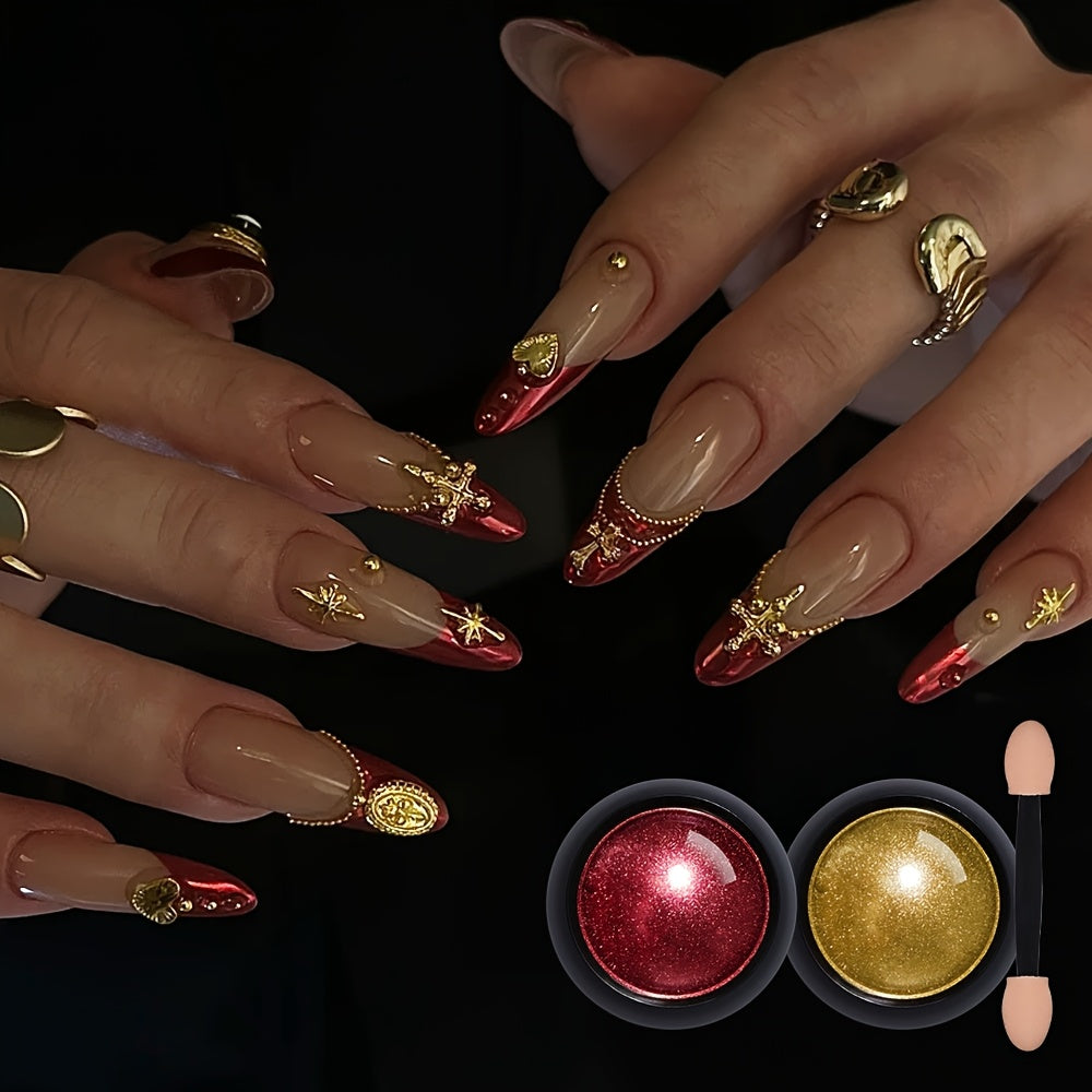 Magic Mirror Two-color Powder Dipping Set! Golden and red glitter + mirror super bright, with sponge brush, create noble high-end nail special effects, long-lasting without peeling off! One box can achieve advanced makeup eff